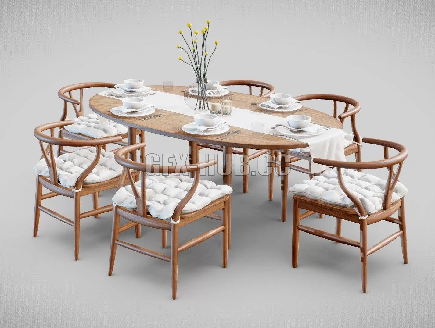 PBR Game 3D Model – Wooden Dining Table and Chairs Set