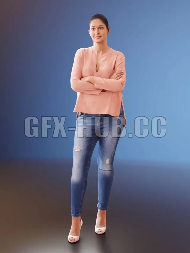 PBR Game 3D Model – Young Amaya woman in jeans and pink blouse (3D Scan)