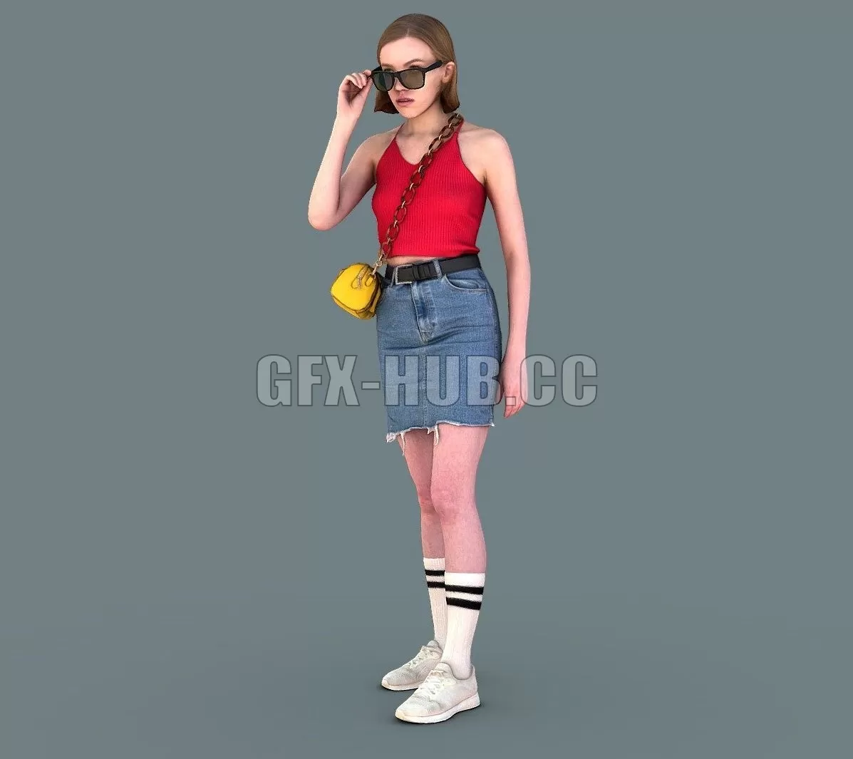 PBR Game 3D Model – Young girl wearing denim miniskirt