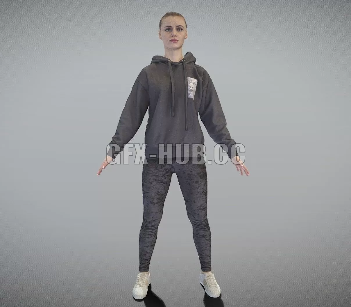 PBR Game 3D Model – Young woman in black hoodie in A-pose