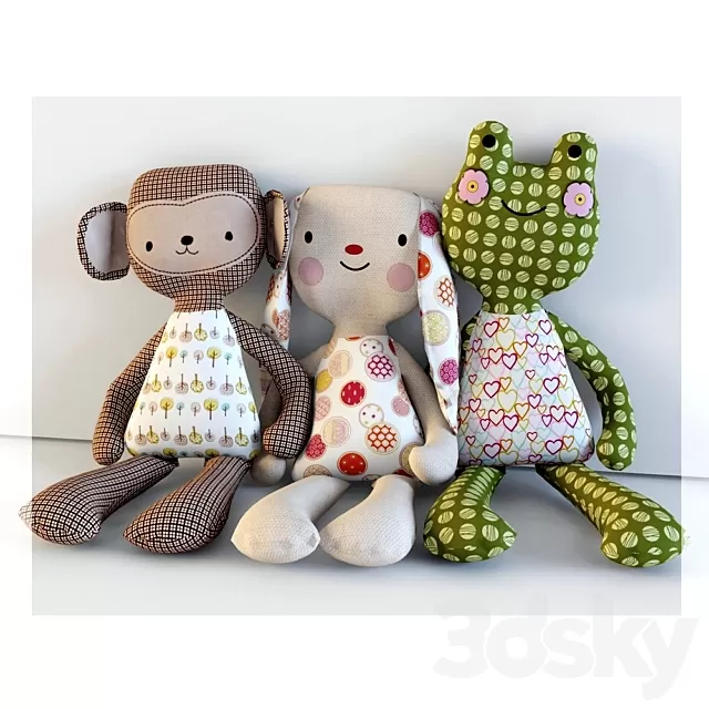 Children – Toy 3D Models – Textile toys monkey; hare; frog