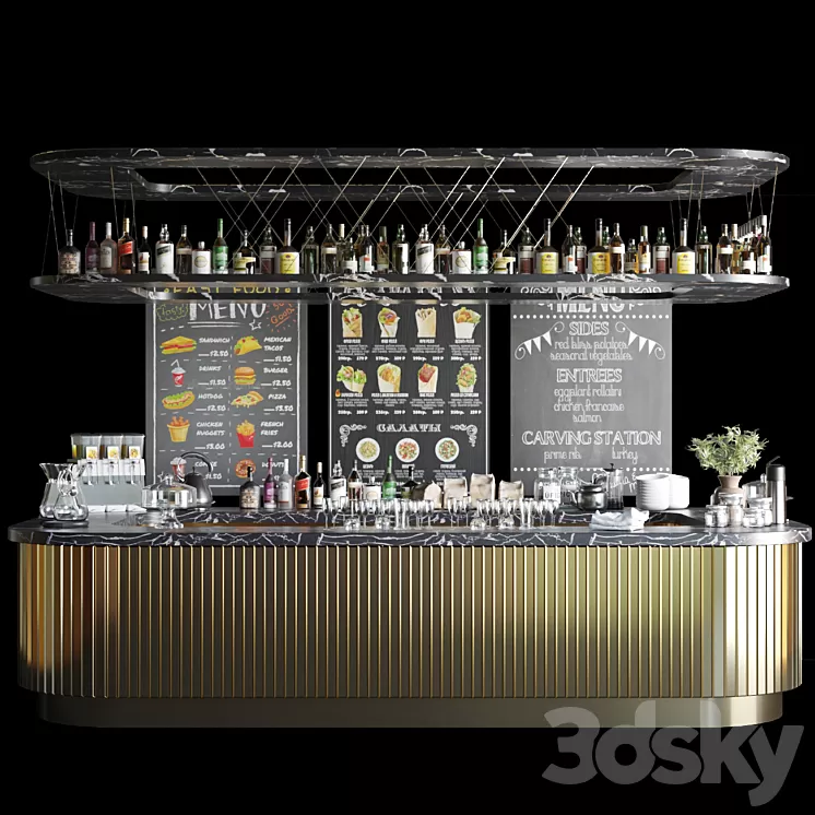 A large design project of a bar counter with strong alcohol wine and a variety of cocktails. Alcohol 3dskymodel