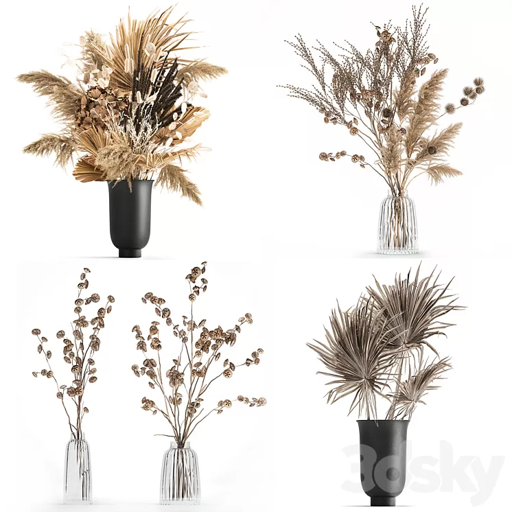 A set of flower bouquets in vases of dried flowers palm branch pampas grass reed grass hydrangea thorns. 283 3dskymodel
