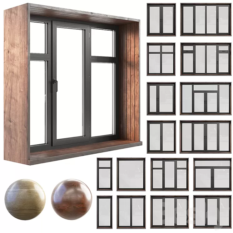 A set of plastic windows with wooden trim. 3dskymodel