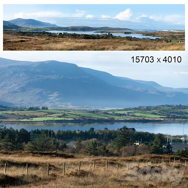 Autumn panorama. Northern Ireland. View of the mountains and the bay. 3dskymodel