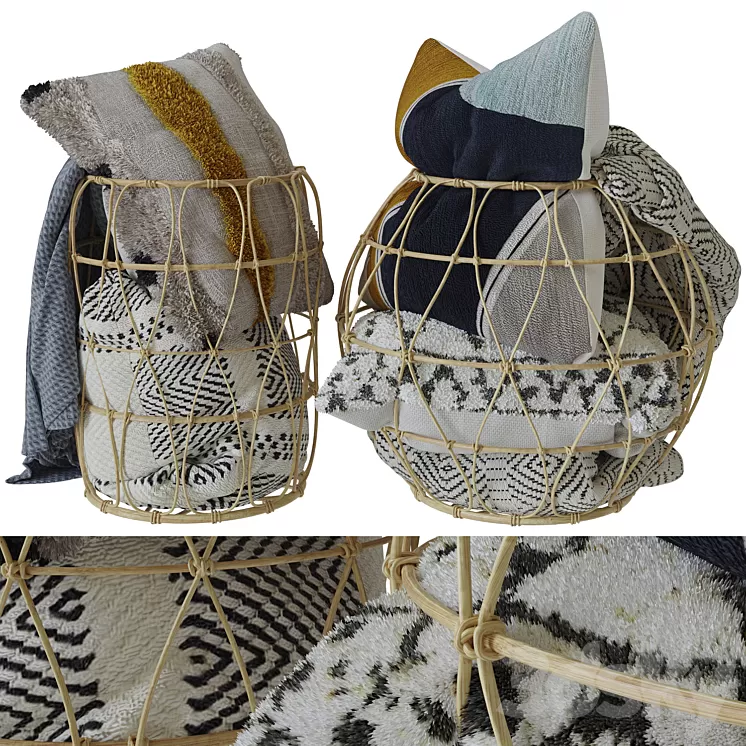 Bamboo basket with decorative pillows and a blanket 3dskymodel