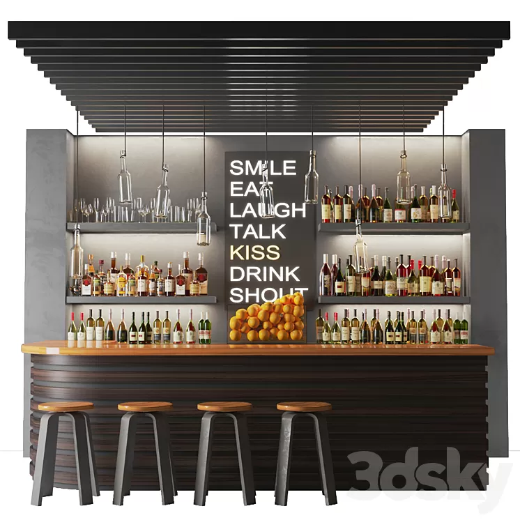 Bar counter in a restaurant with collection alcohol. Bar 3dskymodel
