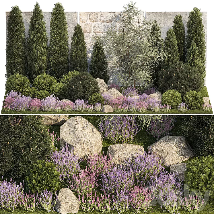 Beautiful garden with arborvitae and landscaping with pine cypress topiary boulder stones flowers and lavender sage bushes. 1265 3dskymodel