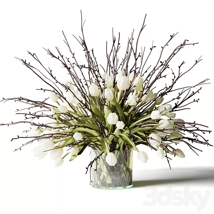 Bouquet of white tulips and branches in a glass vase 3dskymodel
