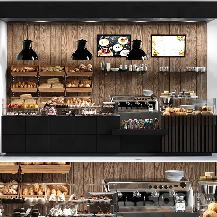 Cafe with pastries and desserts. Coffee house design project. Sweets 3dskymodel