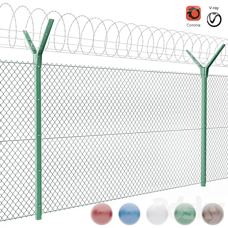Chain link fence with spiral protective barrier 3dskymodel
