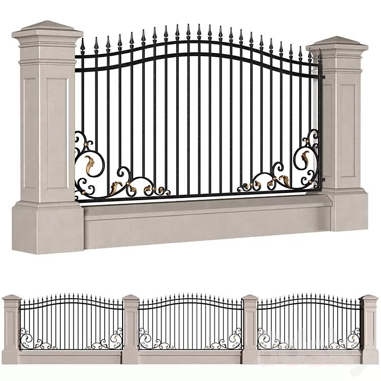 Classic style fence with wrought iron railing.Entrance Driveway Iron Gates 3dskymodel