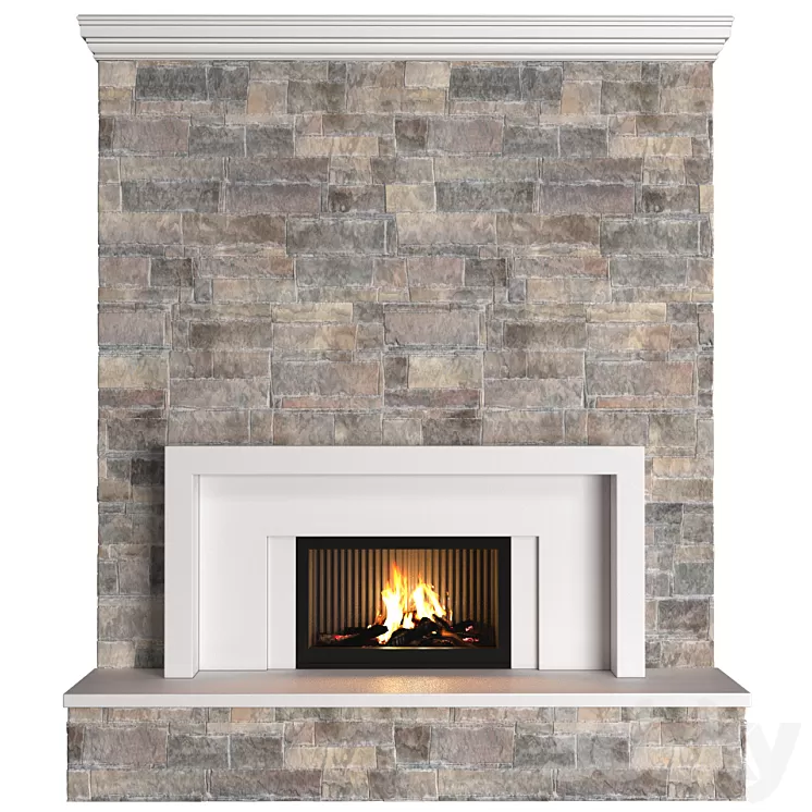 classic style Fireplace with stone wall.Stonework Fireplace modern ArtDeco 3dskymodel
