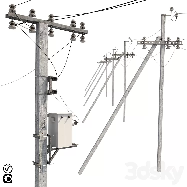 Concrete electricity transmission poles with wires 3dskymodel