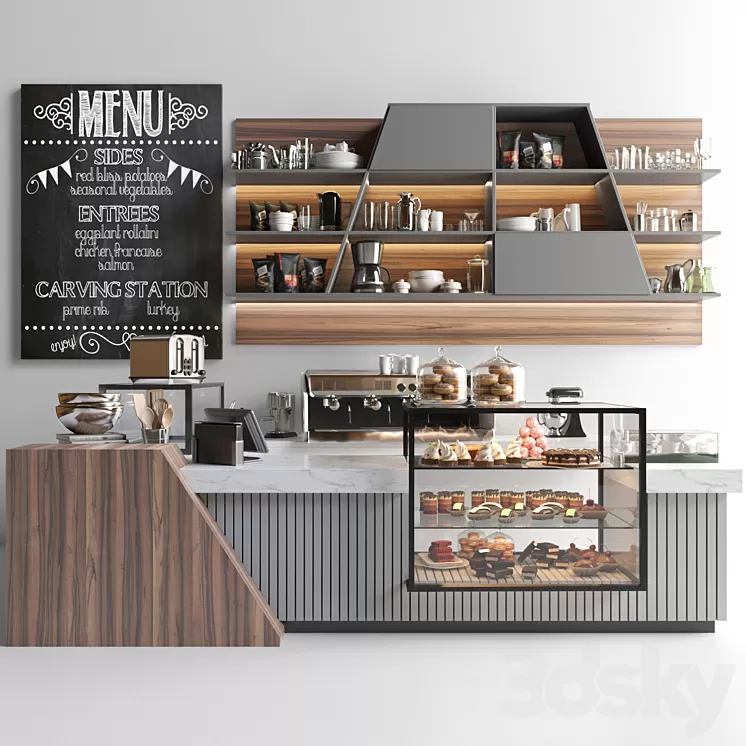 Design project of coffee point in loft style with desserts and sweets. Cafe 3dskymodel