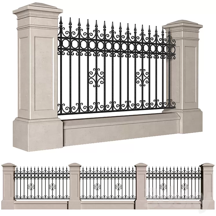 Fence in classic style with wrought iron railing.Entrance to the house.Wrought Iron Entry Gate 3dskymodel