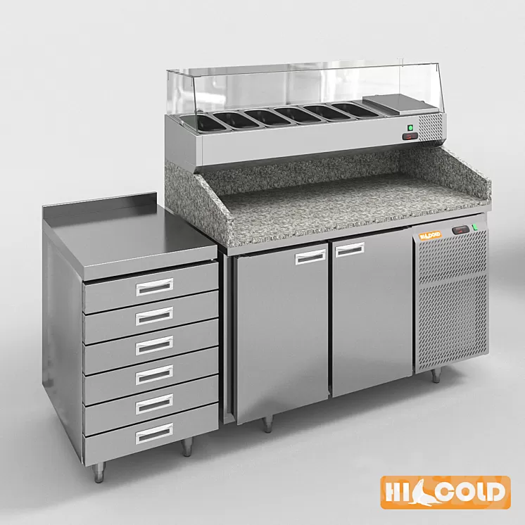 HiCold refrigeration pizzeria stainless steel with stone countertop and glass showcase # 2 3dskymodel