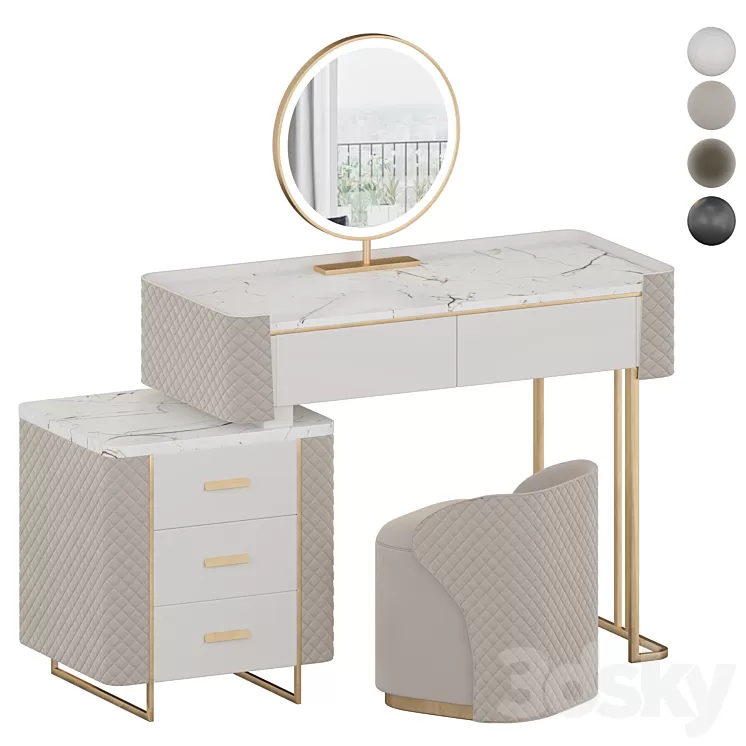 Luxury Makeup Vanity Set with LED Lighted Mirror Side Cabinet and 5 Drawers Modern Sintered Stone Dressing Table with Stool for Bedroom 3dskymodel