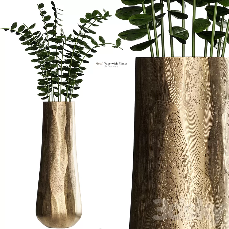 Metal Antiqued Brass Vase with Plant 3dskymodel