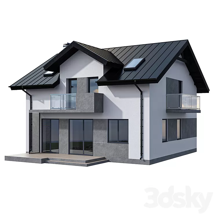Modern two-storey cottage with two balconies and dormers 3dskymodel