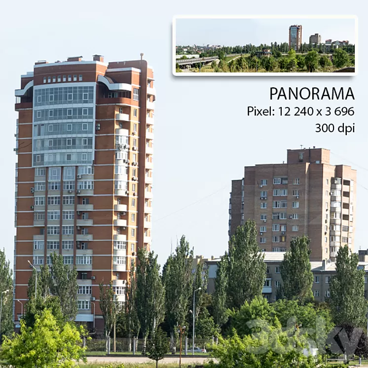 Panorama of the city. View of a residential building. 3dskymodel