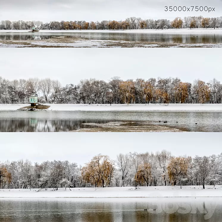 Panorama of the park with a lake and snow-covered trees. 35k 3dskymodel