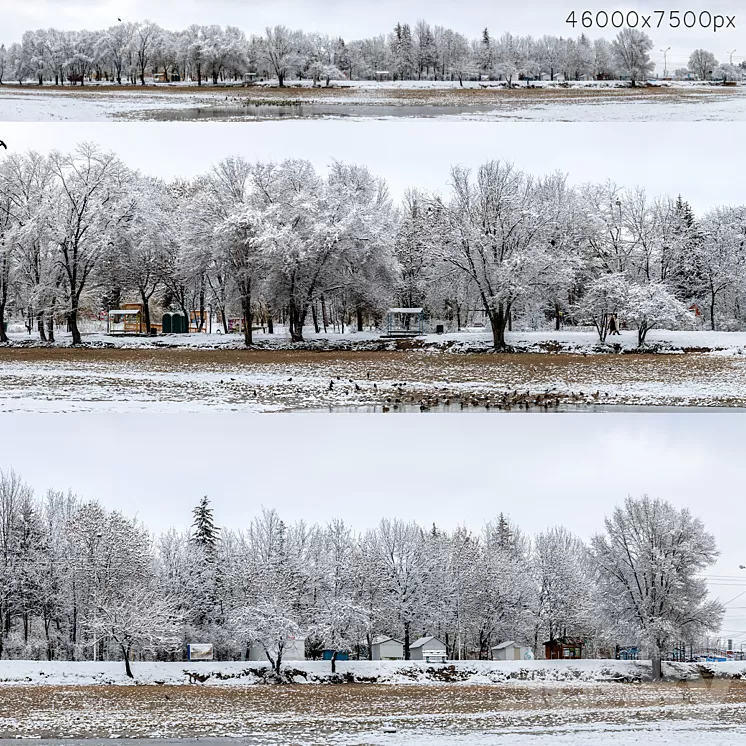 Panorama of the park with a lake and snow-covered trees. 46k 3dskymodel