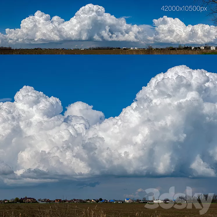 Panorama with beautiful cumulus clouds over the village. 42k 3dskymodel