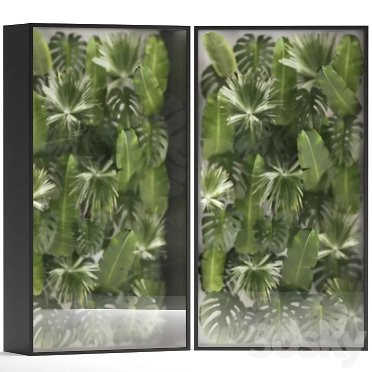 Phytowall and phytobox made of banana palm branches and fan palm leaves in a niche behind a translucent stack. 70. 3dskymodel