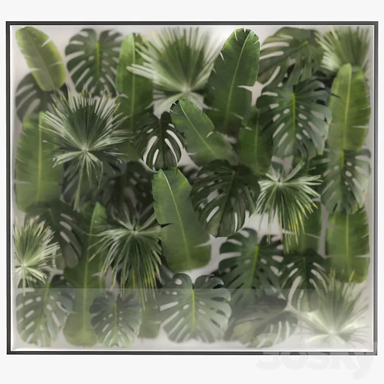 Phytowall and phytobox made of banana palm branches and fan palm leaves in a niche behind a translucent stack. Bouquet 287. 3dskymodel