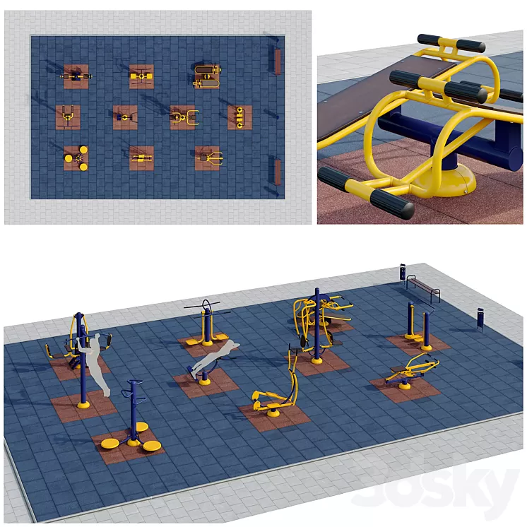 Sports ground with outdoor exercise trainers. Playground 3dskymodel