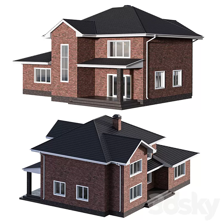 Two-storey brick house with a pitched roof 3dskymodel