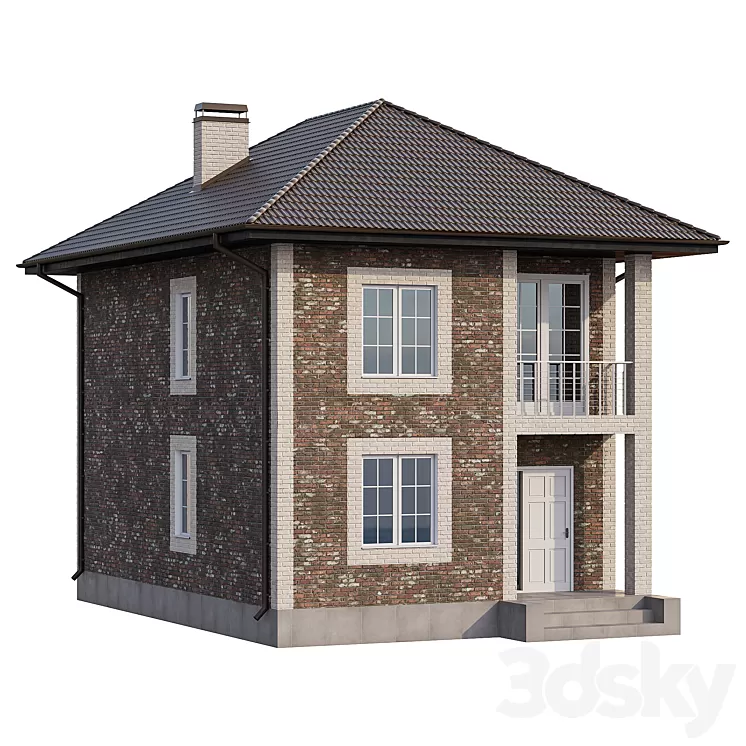 Two-storey brick house with a porch and a balcony – 4 colors 3dskymodel