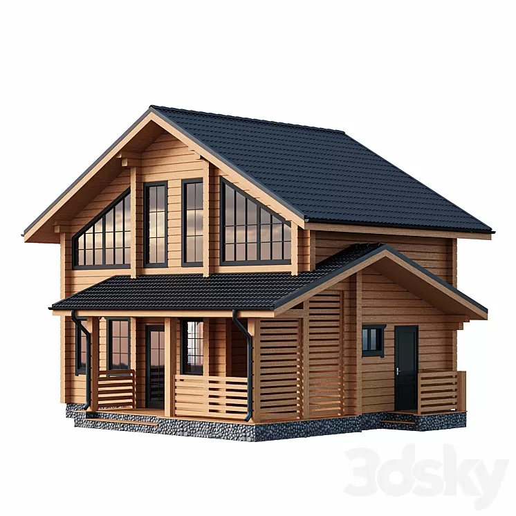 Two-storey wooden house with a porch 3dskymodel