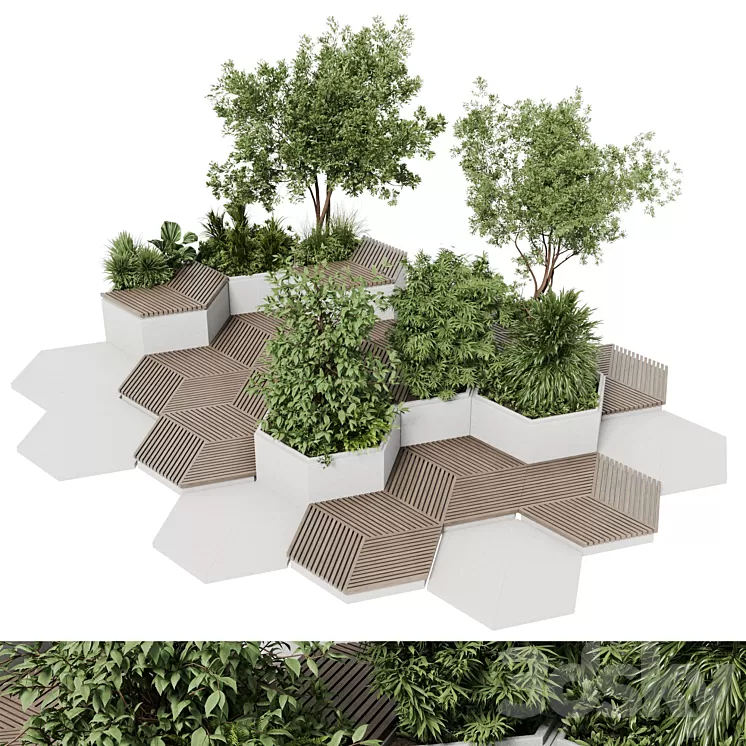 Urban Environment – Urban Furniture – Green Benches With tree 42 3dskymodel